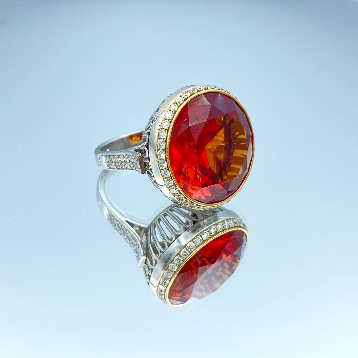 Orange Citrine Ring with a Diamond Halo in Platinum - L and L Jewelry