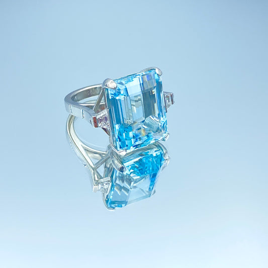 Blue Topaz Ring with Trapezoid Side Diamonds in 14K White Gold - L and L Jewelry