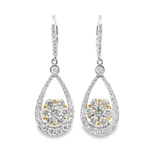 Floral Design Yellow Diamond and White Diamond Dangle Statement Earrings