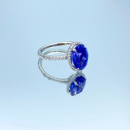 Oval-Cut Tanzanite Ring with Diamond Halo in 14K White Gold - L and L Jewelry