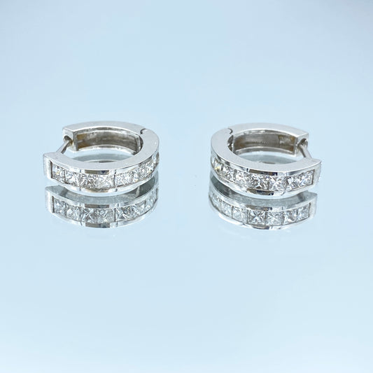 Channel Set Princess Cut Diamond Huggie Hoop Earrings in 14K White Gold - L and L Jewelry