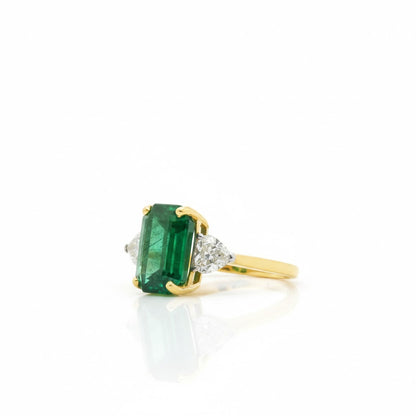 Natural Zambian Green Emerald Ring with Side Heart Diamonds