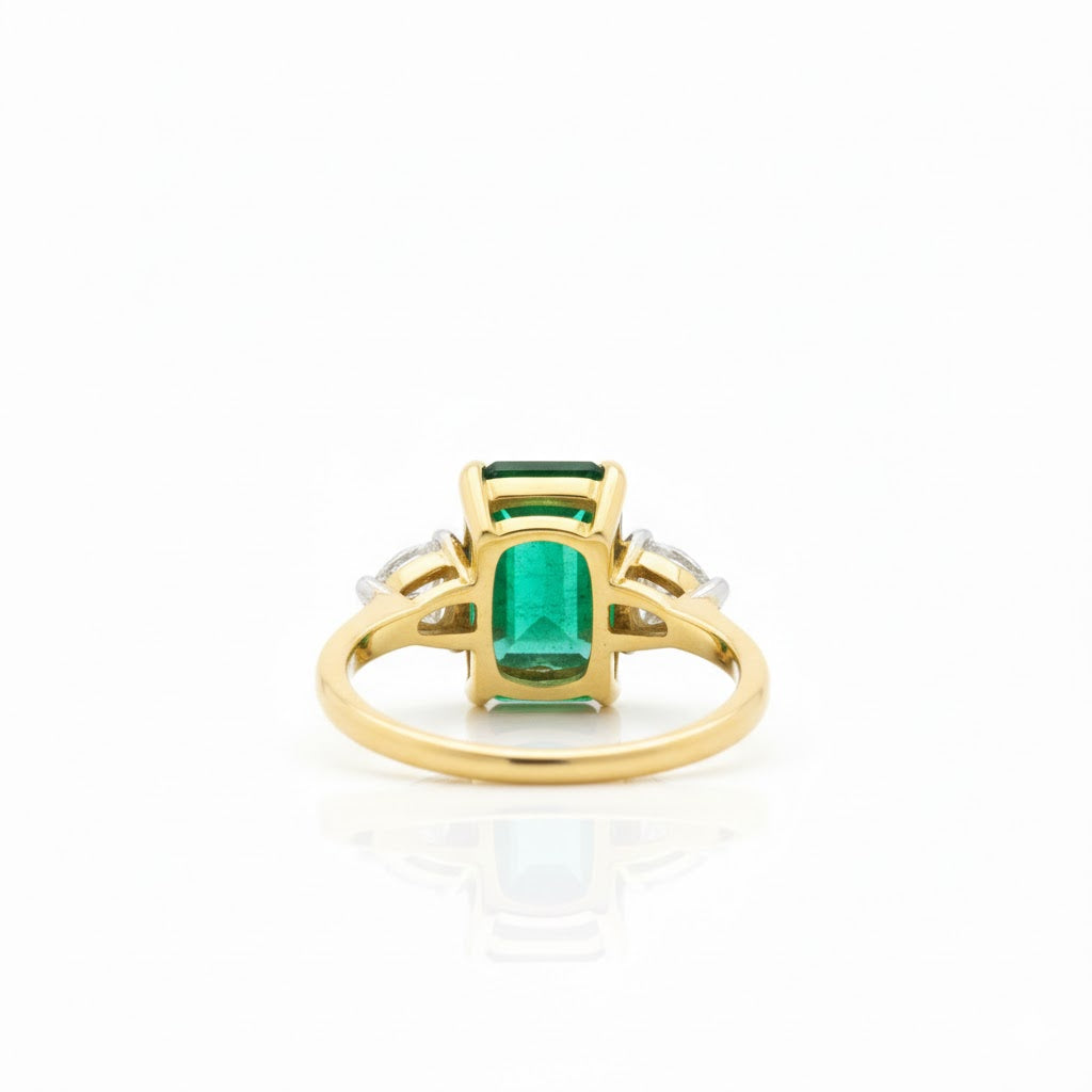 Natural Zambian Green Emerald Ring with Side Heart Diamonds
