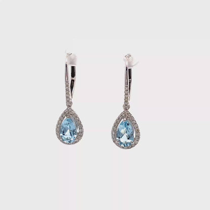 Aquamarine and Diamond Tear Drop Earrings in 14K White Gold