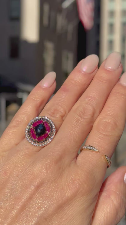 Statement Ring with Ruby, Black and White Diamonds in 14K Rose Gold