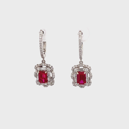 Ruby Leverback Drop Earrings with Double Diamond Halo in 14K White Gold