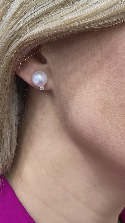 Pearl Earrings with Round-Cut Diamonds in 14K White Gold