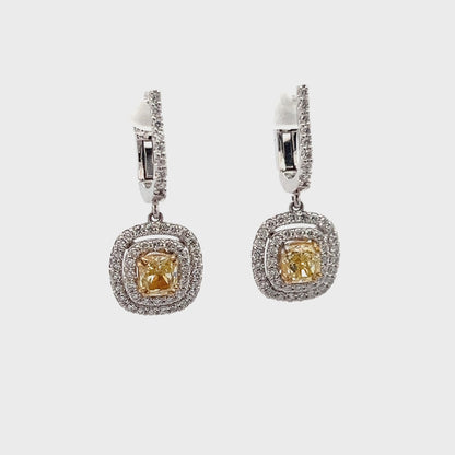 Yellow Diamond and White Diamond Dangly Earrings in 14K White Gold