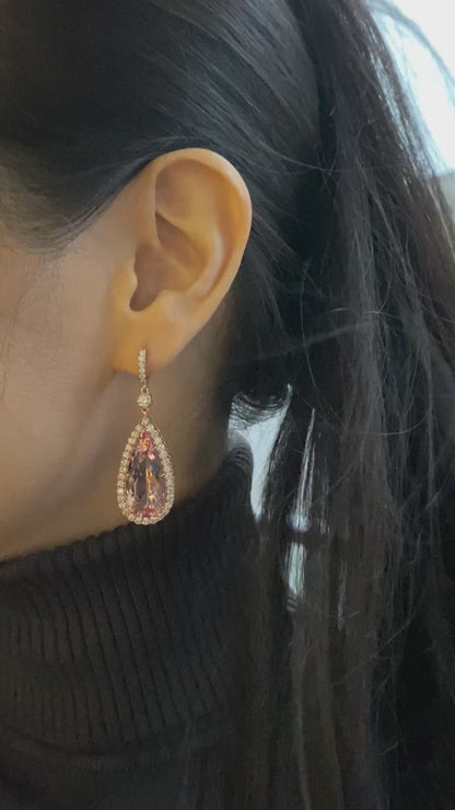 Pear-Shape Morganite Drop Earrings with Diamond Halo in 14K Rose Gold
