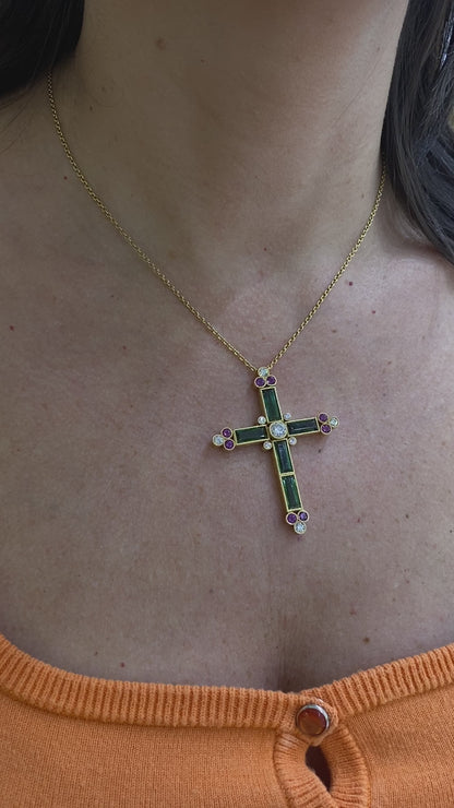 Statement Diamond and Green Tourmaline Cross Pendant Necklace in 18K Yellow Gold
