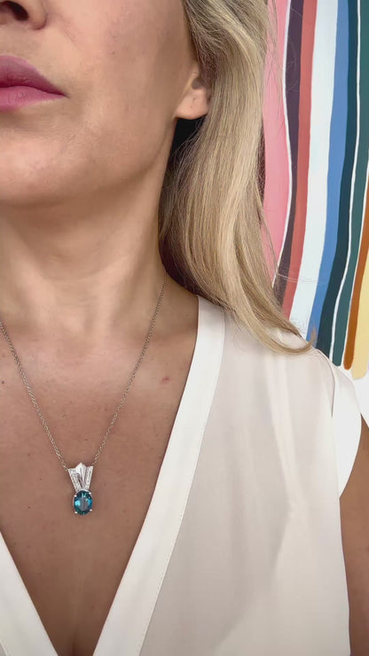 Blue Topaz and Diamond Pendant in 14K White Gold