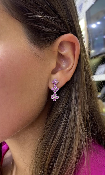 Pink Sapphire Four Leaf Dangly Earrings in 14K White Gold