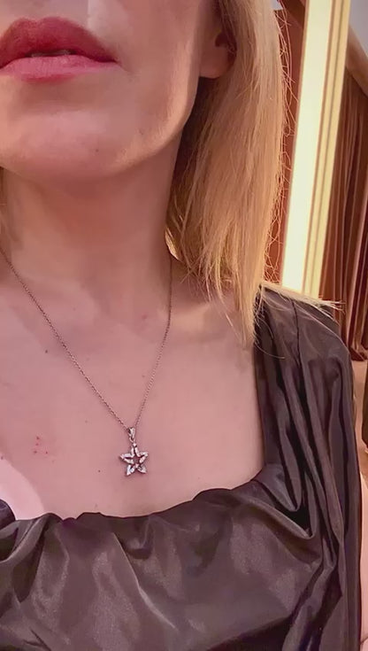 Baguette-Cut and Round-Cut Diamond Star Shape Pendant Necklace in 14K White Gold