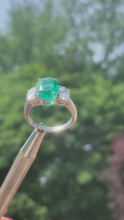 Oval-Cut Emerald and Oval-Cut Diamond Ring in 14K White Gold