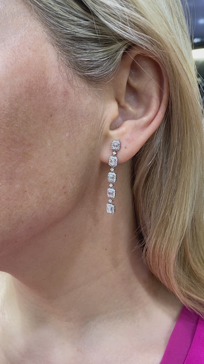 Baguette Halo Diamond Drop Earrings in 14K White Gold