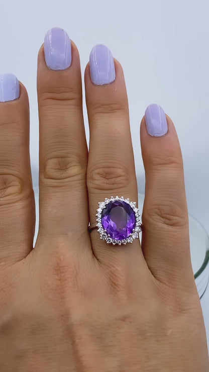 Amethyst Ring with a Diamond Halo in 14K White Gold