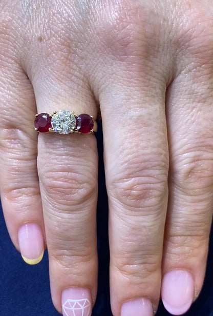Three Stone Ruby and Diamond Engagement Ring in 14K Yellow Gold