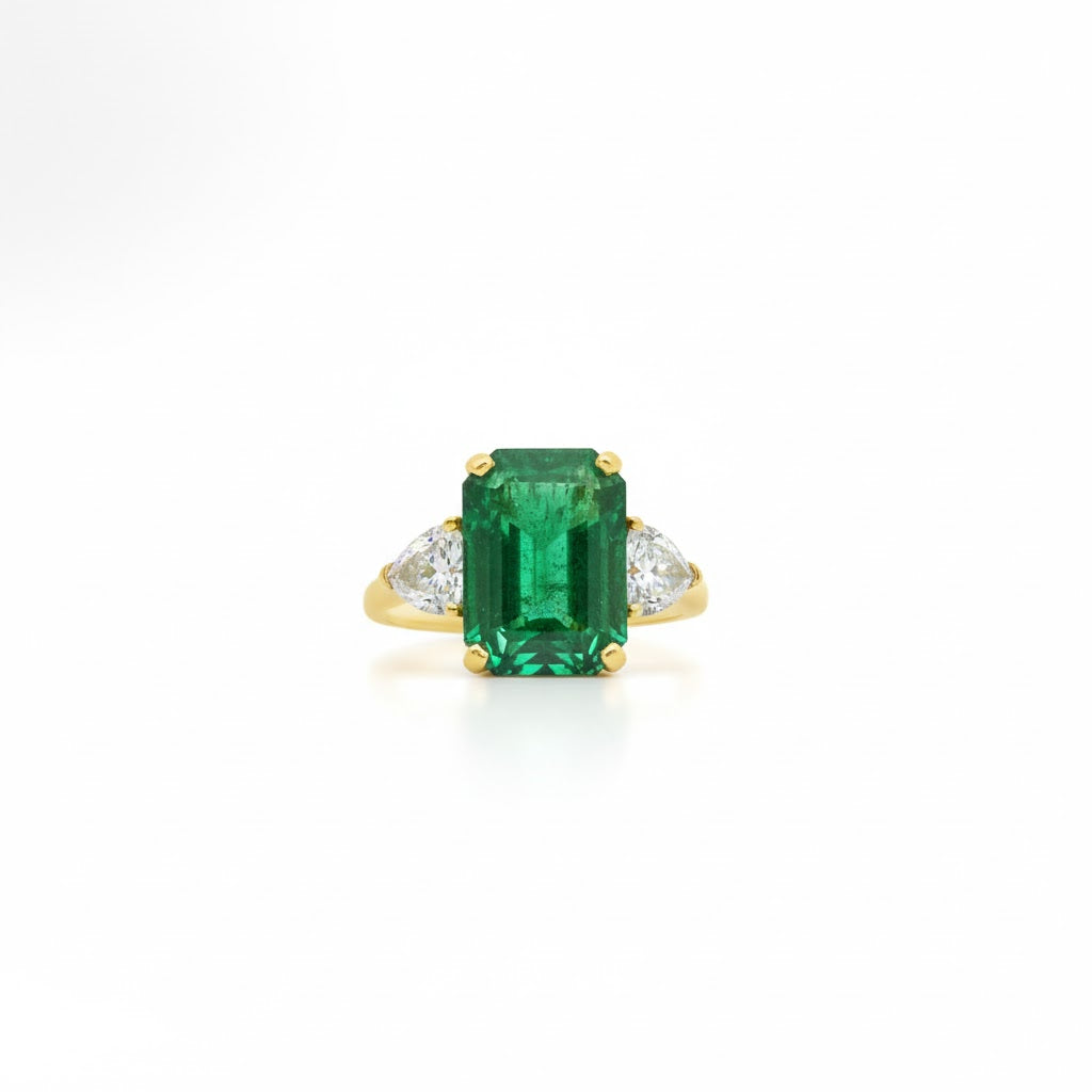 Natural Zambian Green Emerald Ring with Side Heart Diamonds