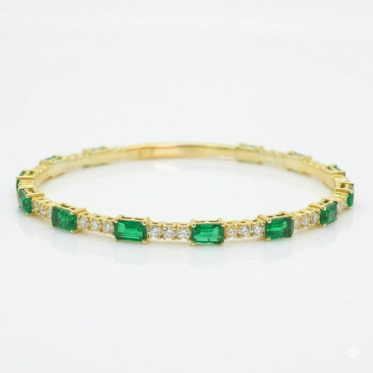 Green Emerald & Diamond Bangle Bracelet in 14K Yellow Gold