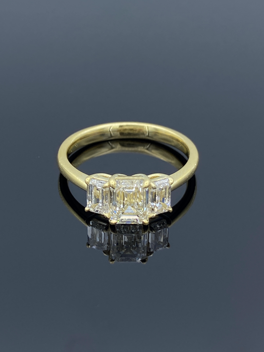 Three Stone Emerald-Cut Diamonds Engagement Ring in 18K Yellow Gold - L and L Jewelry