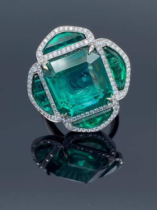 Floral Shape Step-Cut and Half Moon-Cut Emerald and Brilliant-Cut Diamond Ring in 14K White Gold - L and L Jewelry