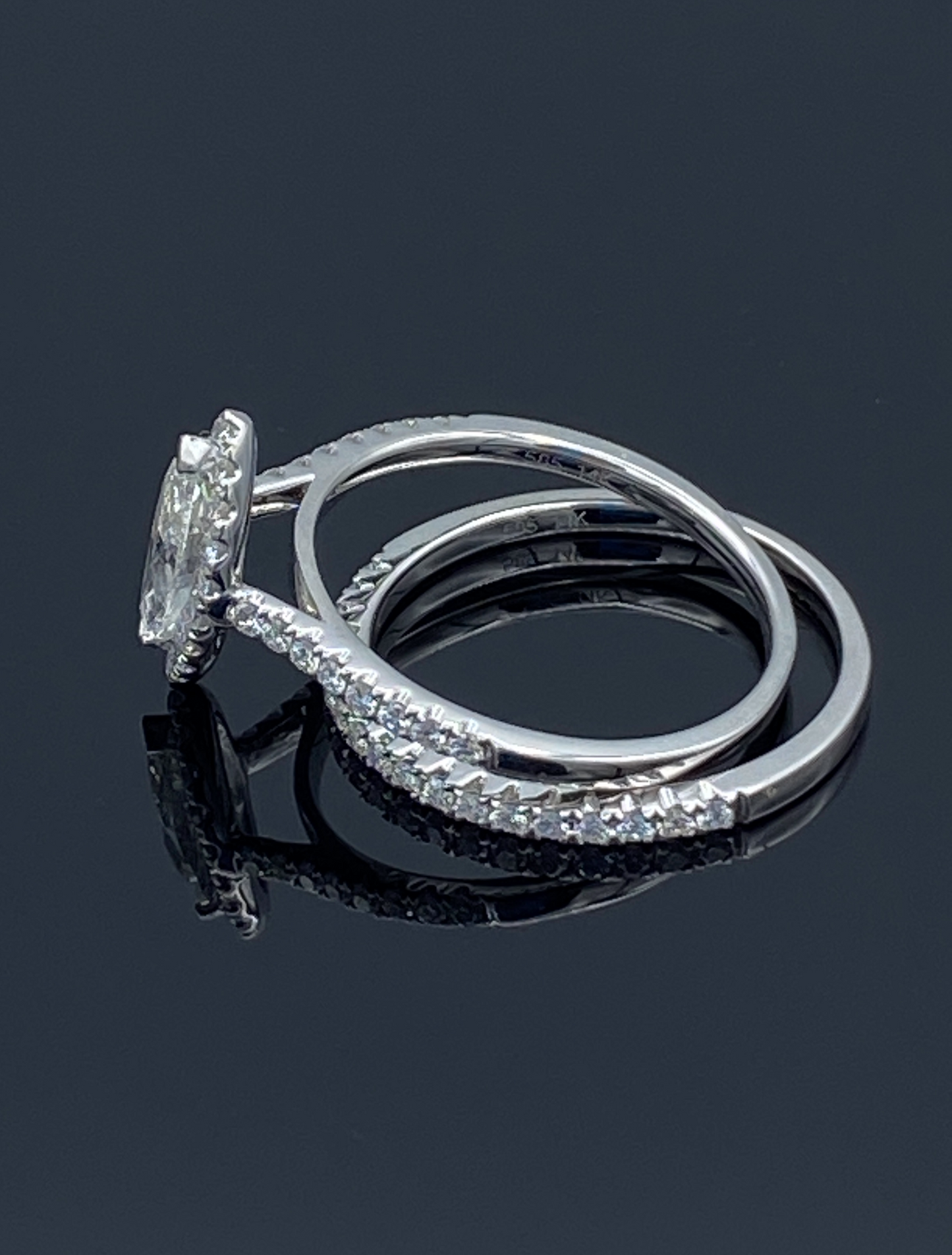 Marquise-Cut Halo Diamond Engagement Ring with Wedding Band in 14K White Gold - L and L Jewelry