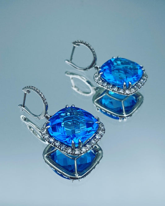 Blue Topaz Drop Earrings with Diamond Halo in 14K White Gold - L and L Jewelry