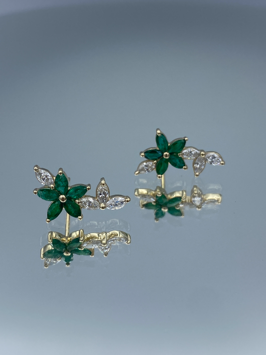 Floral Shape Emerald and Diamond Crawling Earrings in 14K Yellow Gold - L and L Jewelry