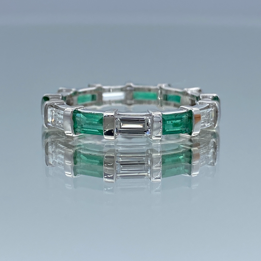Alternating Baguette-Cut Emerald and Baguette-Cut Diamond Eternity Band in 14K White Gold - L and L Jewelry
