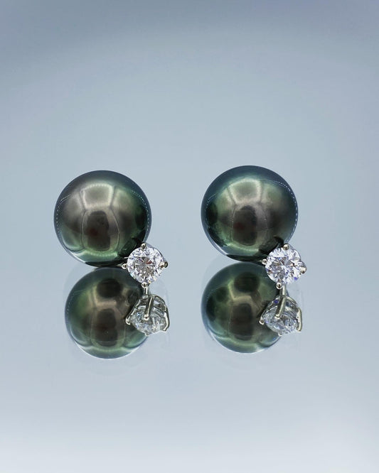 Black Tahitian Pearl Earrings with Diamond in 14K White Gold - L and L Jewelry