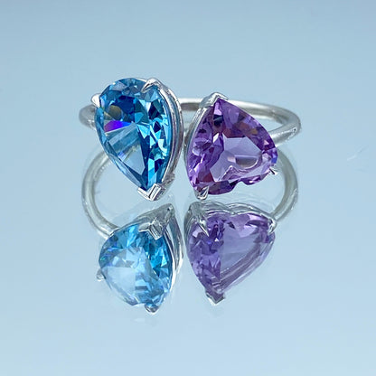 Toi Et Moi Blue Topaz and Amethyst Statement Ring in 14K White Gold - L and L Jewelry