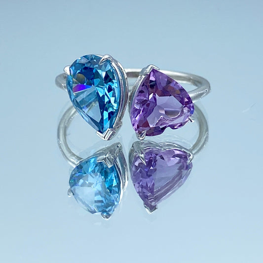 Toi Et Moi Blue Topaz and Amethyst Statement Ring in 14K White Gold - L and L Jewelry