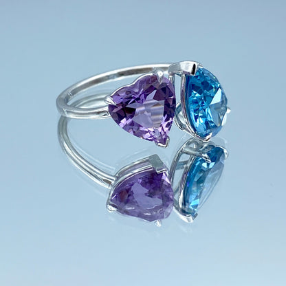 Toi Et Moi Blue Topaz and Amethyst Statement Ring in 14K White Gold - L and L Jewelry
