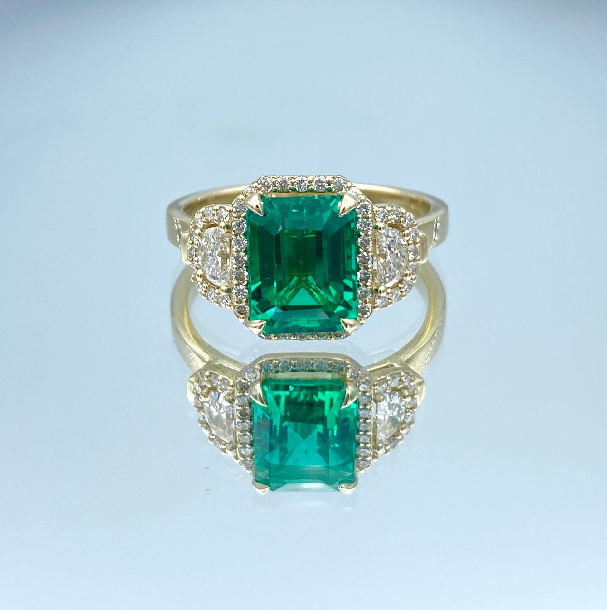 Emerald and Diamond Halo Ring in 14K Yellow Gold - L and L Jewelry