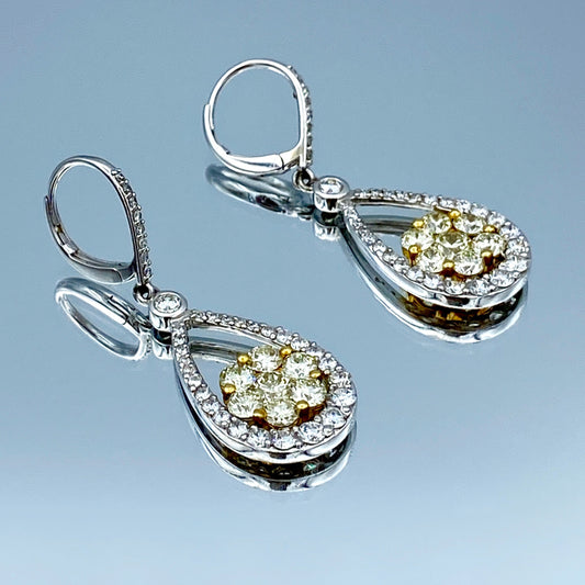 Floral Design Yellow Diamond and White Diamond Dangle Statement Earrings - L and L Jewelry