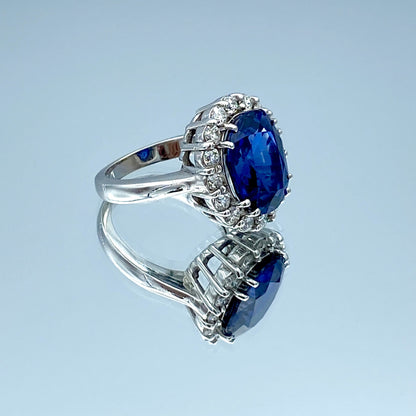 Oval-Cut Blue Sapphire Ring with Diamond Halo in 14K White Gold - L and L Jewelry