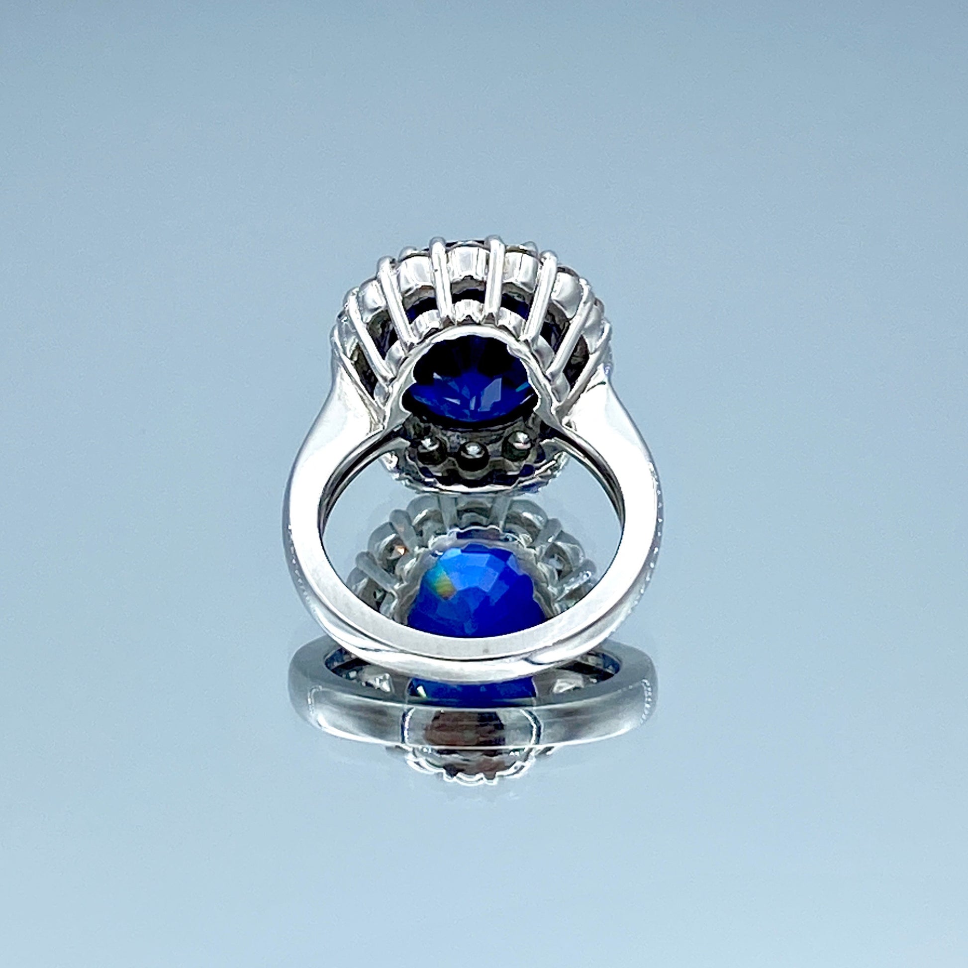 Oval-Cut Blue Sapphire Ring with Diamond Halo in 14K White Gold - L and L Jewelry