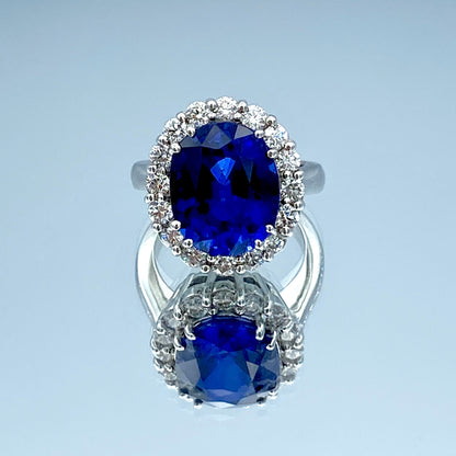 Oval-Cut Blue Sapphire Ring with Diamond Halo in 14K White Gold - L and L Jewelry