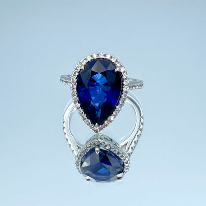 Pear-Shape Sapphire Ring with a Diamond Halo in 14K White Gold - L and L Jewelry