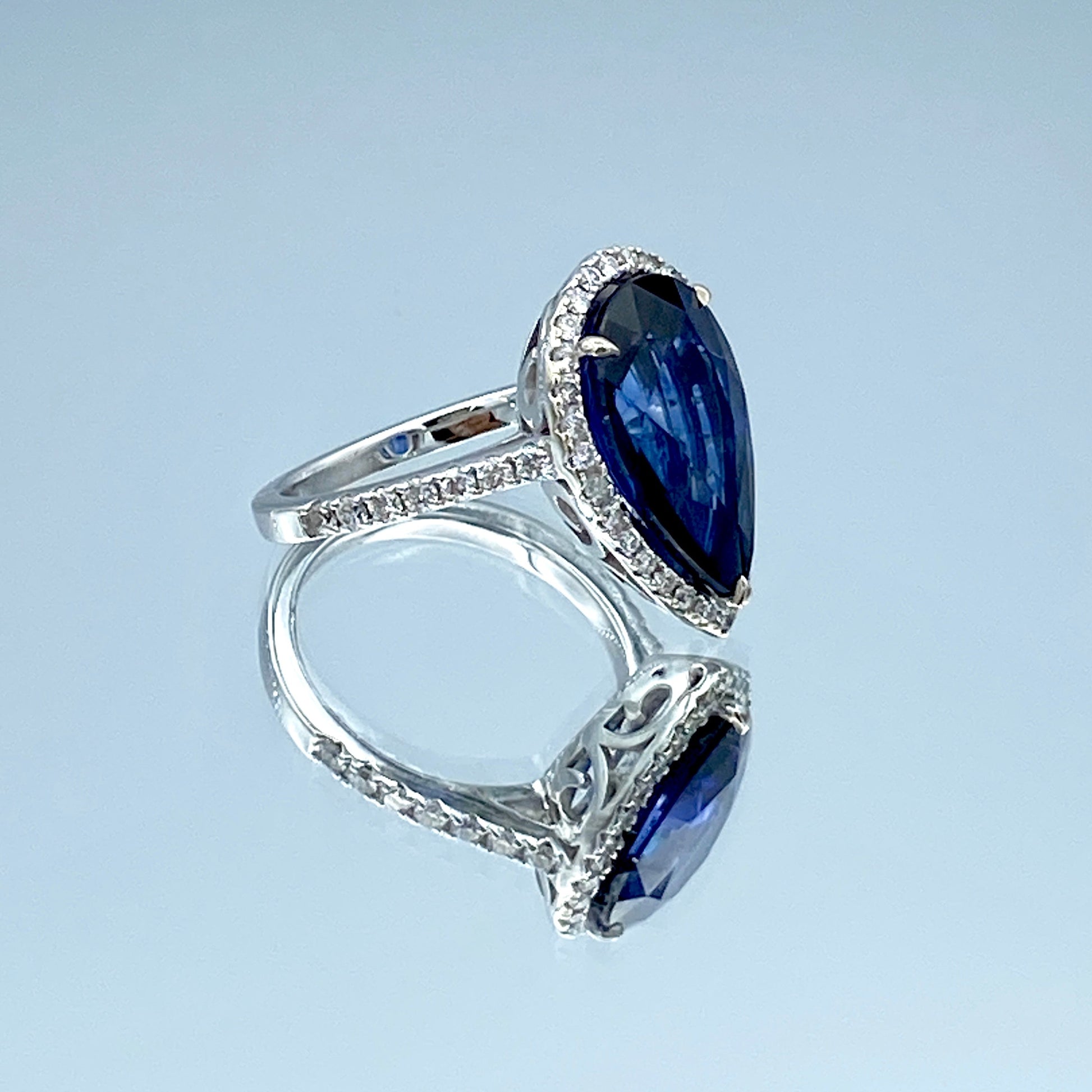 Pear-Shape Sapphire Ring with a Diamond Halo in 14K White Gold - L and L Jewelry