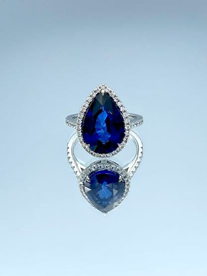 Pear-Shape Sapphire Ring with a Diamond Halo in 14K White Gold - L and L Jewelry