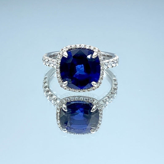 Halo Blue Sapphire and Diamond Ring in 14K White Gold - L and L Jewelry