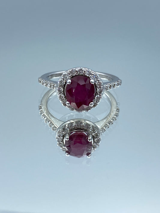 Halo Ruby and Diamond Ring in 14K White Gold - L and L Jewelry