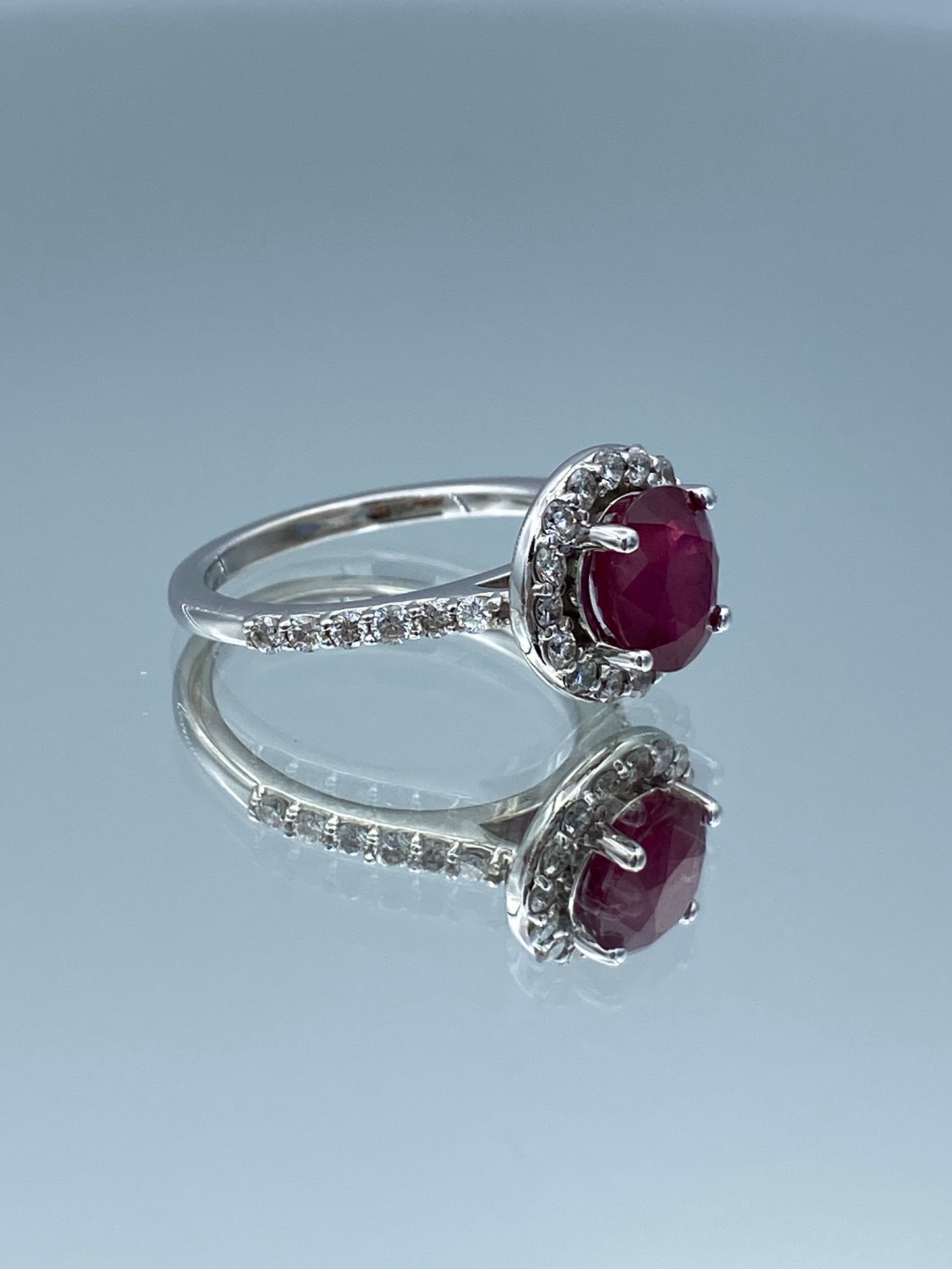 Halo Ruby and Diamond Ring in 14K White Gold - L and L Jewelry