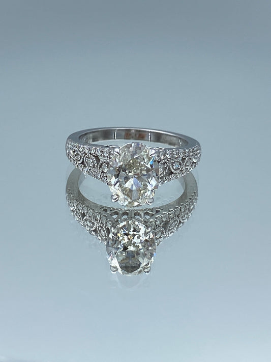 Vintage Look Oval-Cut Diamond Engagement Ring in 14K White Gold - L and L Jewelry