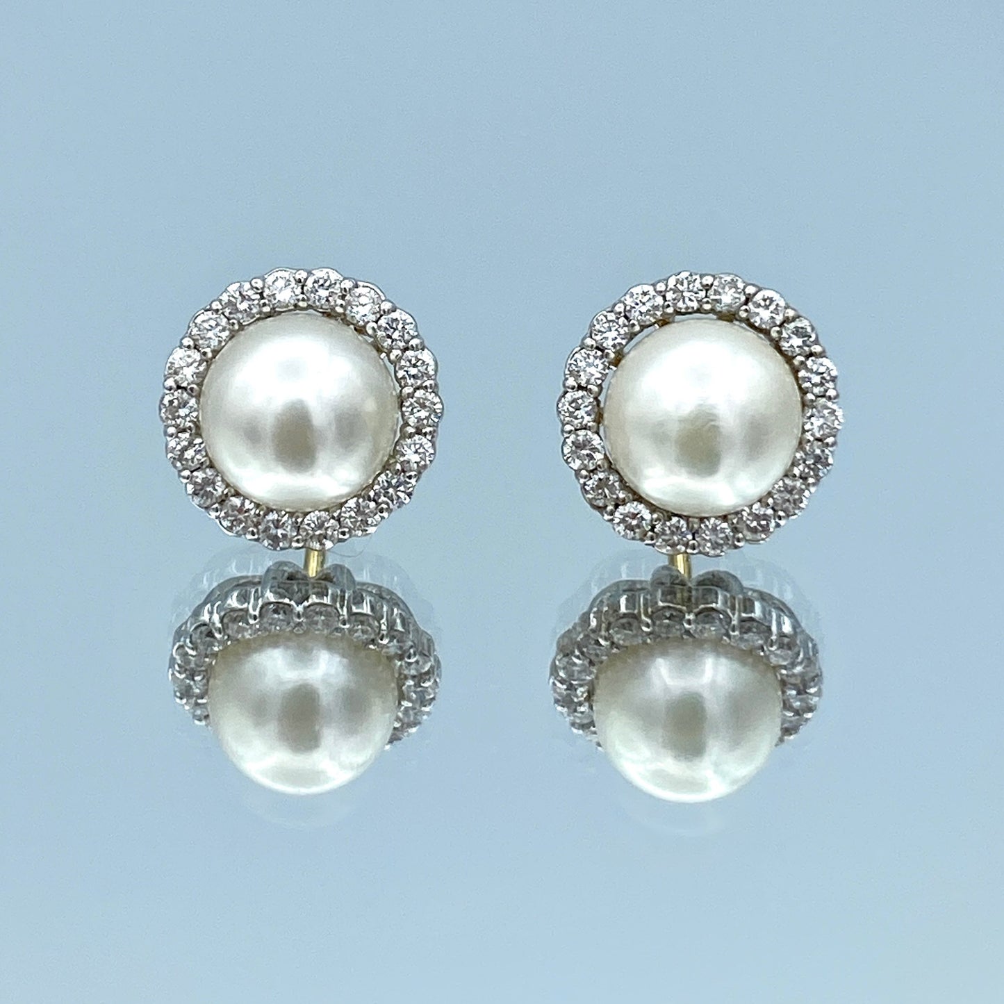 Pearl Stud Earrings with Diamond Halo in 14K White Gold - L and L Jewelry