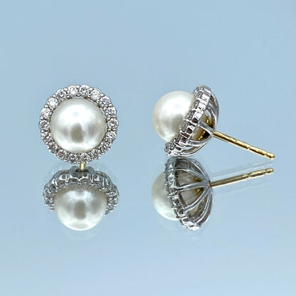 Pearl Stud Earrings with Diamond Halo in 14K White Gold - L and L Jewelry