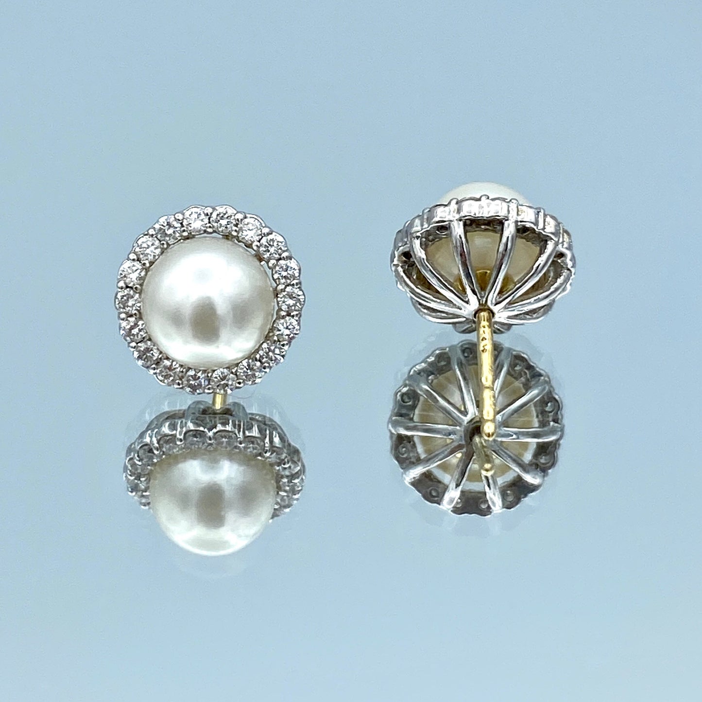 Pearl Stud Earrings with Diamond Halo in 14K White Gold - L and L Jewelry