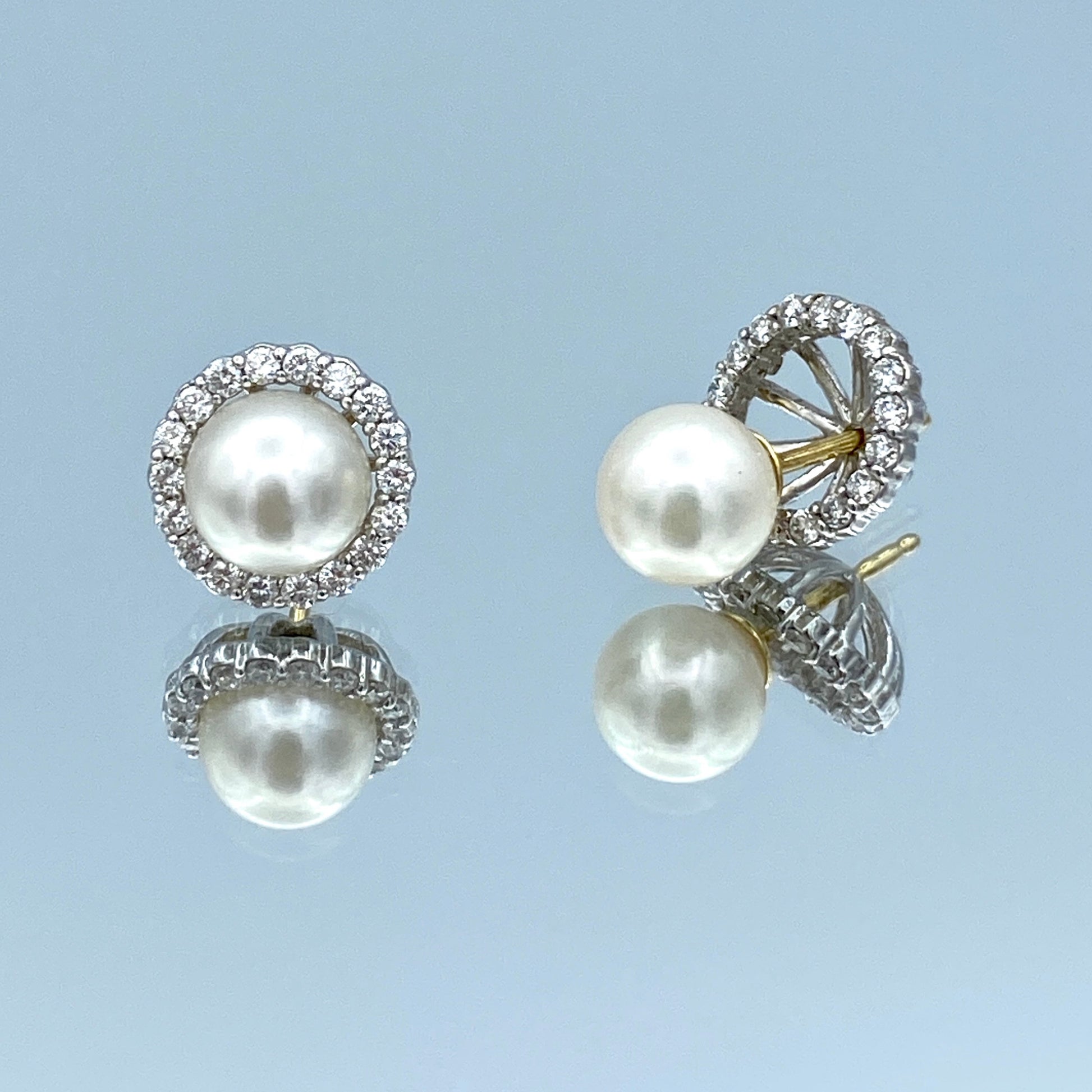 Pearl Stud Earrings with Diamond Halo in 14K White Gold - L and L Jewelry