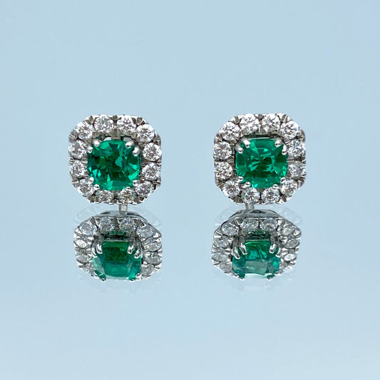 Emerald Earrings with a Diamond Halo in 14K White Gold - L and L Jewelry